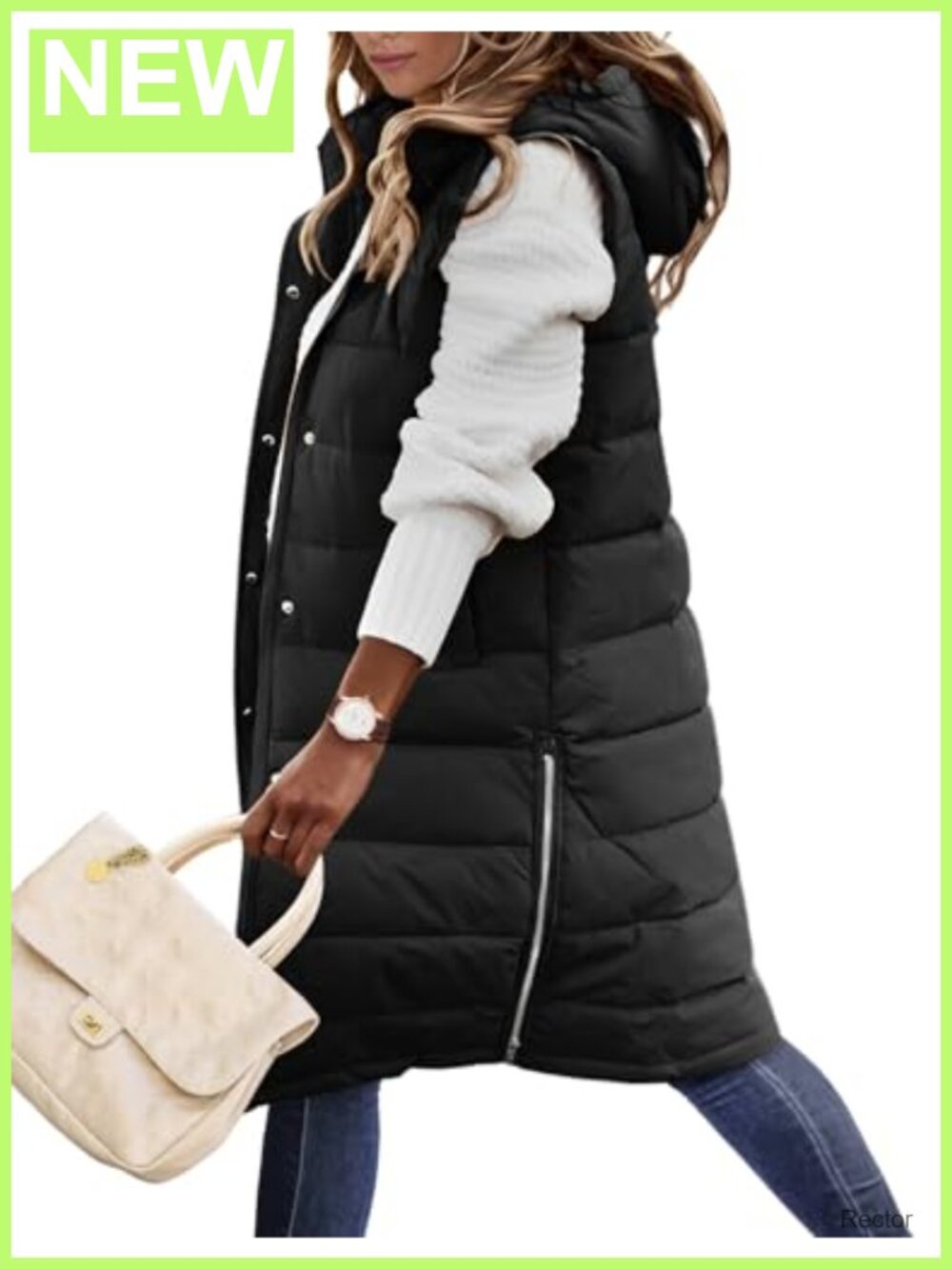 Long Puffer Vest Hooded Quilted Sleeveless Zip Winter Outerwear